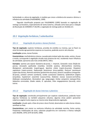 60

lenhosidade e a altura da vegetação, à medida que cresce a distância do oceano e diminui a
influência da salinidade (FALKENBERG, 1999).
      Segundo classificação proposta por FALKENBERG (1999) baseada na vegetação de
restinga sul-brasileira, especialmente de Santa Catarina, utilizada como base para a redação
da Resolução do CONAMA nº 261/99, a vegetação de restinga pode ser dividida em:




10.1 Vegetação herbácea / subarbustiva

10.1.1        Vegetação de praias e dunas frontais

Tipo de vegetação: espécies herbáceas, providas de estolões ou rizomas, que se fixam na
areia formando agrupamentos esparsos ou touceiras, podendo ocorrer até arbustos.
Localização: praias, dunas frontais.
Características: morfodinâmica intensa, causada pela instável ação das ondas, ventos, chuvas
e marés; corresponde à vegetação situada mais próxima do mar, recebendo maior influência
da salinidade; apresenta solo mais úmido (REITZ, 1961).
Exemplos: Ipomea pes-caprae (batateira-da-praia), I. imperati, Canavalia rosea (feijão-de-
porco), Acicarpha spathulata (rosetão), Centella asiatica, Alternanthera maritima,
Blutaparom portulacoides (capotiragua), Spartina ciliata (capim-da-praia), Paspalum
vaginatum (capim-arame), Hydrocotyle bonariensis (erva-capitão), Panicum racemosum
(capim-das-dunas), Remirea maritima (pinheirinho-da-praia), Senecio crassiflorus (margarida-
da-praia), Lantana camara (cambará), Cordia curassavica (baleeira), Epidendrum fulgens
(orquídea), Eupatorium casarettoi (vassourinha), Dodonea viscosa (vassora-vermelha),
Dalbergia ecastaphyllum, Desmodium spp. (pega-pega), Smilax campestris (salsaparrilha),
Sebastina corniculata, Diodia radula, D. apiculata, Vitex megapotamica (tarumã), entre
outras.



10.1.2        Vegetação de dunas internas e planícies

Tipo de vegetação: constituída principalmente por espécies subarbustivas, podendo haver
algumas herbáceas ou também pequenos arbustos; algumas áreas podem apresentar
cobertura vegetal muito esparsa ou mesmo estar desprovida de vegetação.
Localização: situada após a faixa de praia e duna frontal, desenvolve-se sobre dunas móveis,
semifixas ou fixas.
Características: com menor ou nenhuma influência da salinidade marinha, fortes ventos,
freqüentes mobilizações de areia, substrato paupérrimo em nutrientes e intensa radiação
solar (RIZZINI, 1979; LEITE & KLEIN, 1990).
 