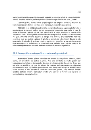 68

Alguns gêneros de bromélias, são utilizados para fixação de dunas, como as Dyckia, Aechmea,
Ananas, Bromelia e Vriesea, sendo a primeira cobertura vegetal nas dunas (REITZ, 1983).
      QUEIROZ (1994) avaliou vários grupos vegetais ao longo da sucessão, incluindo as
bromélias onde caracterizou populações de pleno sol, meia sombra e de sombra.
       ROGALSKI et al. (2002) cita as bromélias como indicadoras na regeneração florestal e
considera que as mesmas podem ser um componente importante para avaliar o grau de
alteração florestal, porque são de fácil identificação e muito sensíveis às modificações
ambientais. Com a introdução de bromélias em áreas degradadas, aumenta-se a quantidade
de água, alimento, matéria orgânica e abrigo para animais, proporcionando melhores
condições para que outras espécies de plantas e animais se estabeleçam. Devido a esta
capacidade de atração de animais e outras plantas, as bromélias se caracterizam como
espécies nucleadoras ou facilitadoras, que colonizam e aceleram o processo de sucessão da
comunidade podendo ser utilizadas de diversas maneiras em áreas degradadas.



12.1 Como utilizar as bromélias em áreas degradadas?

       As bromélias epífitas podem ser fixadas em árvores ou em poleiros artificiais, sobre
rochas, em amontados de pedras e galhos. Para esta atividade, as mudas podem ser
produzidas em viveiros ou translocadas de áreas próximas quando disponíveis, desde que
não altere o equilíbrio no local de origem. As espécies terrícolas podem ser plantadas
diretamente no solo, formando agrupamentos para fornecerem abrigos e alimento para
fauna. Quando a área apresentar substratos favoráveis (pedras, solo arenoso, árvores
isoladas) pode-se utilizar a semeadura direta, uma vez que a maioria das espécies se
comporta como plantas pioneiras.
 