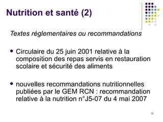 Nutrition et santé (2) Textes réglementaires ou recommandations   Circulaire du 25 juin 2001 relative à la composition des repas servis en restauration scolaire et sécurité des aliments nouvelles recommandations nutritionnelles publiées par le GEM RCN : recommandation relative à la nutrition n°J5-07 du 4 mai 2007    