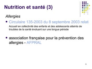 Nutrition et santé (3) Allergies   Circulaire 135-2003 du 8 septembre 2003 relative aux enfants et adolescents atteints de troubles de santé Accueil en collectivité des enfants et des adolescents atteints de troubles de la santé évoluant sur une longue période  association française pour la prévention des allergies -  AFPRAL  