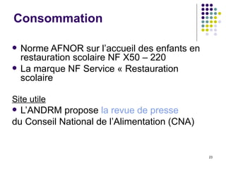 Consommation Norme AFNOR sur l’accueil des enfants en restauration scolaire NF X50 – 220 La marque NF Service « Restauration scolaire  Site utile L’ANDRM propose  la revue de presse  du Conseil National de l’Alimentation (CNA) 