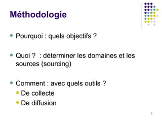 Méthodologie Pourquoi : quels objectifs ?  Quoi ?  : déterminer les domaines et les sources (sourcing) Comment : avec quels outils ? De collecte De diffusion 