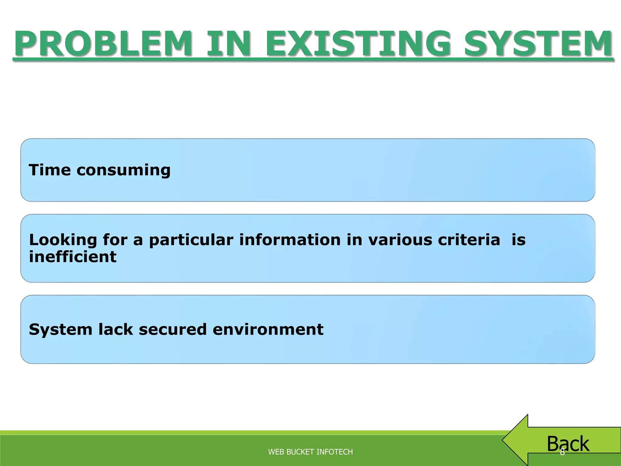 PROBLEM IN EXISTING SYSTEM
Time consuming
Looking for a particular information in various criteria is
inefficient
System lack secured environment
BackWEB BUCKET INFOTECH 8
 