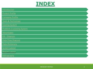 INDEX
Introduction
Project Profile
Company Profile
Tools & Technology
Existing System
Problem in existing System
Advantages
ER – Diagram
Data Flow Diagram
Data Dictionary
Screen Layout
Report Layout
Bibliography
WEB BUCKET INFOTECH 2
 