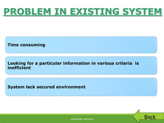 PROBLEM IN EXISTING SYSTEM
Time consuming
Looking for a particular information in various criteria is
inefficient
System lack secured environment
BackWEB BUCKET INFOTECH 8
 