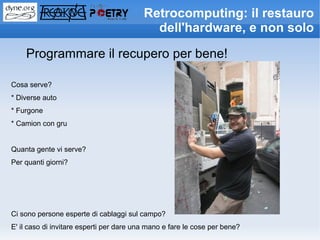 Retrocomputing: il restauro
                                            dell'hardware, e non solo

    Programmare il recupero per bene!

Cosa serve?
* Diverse auto
* Furgone
* Camion con gru


Quanta gente vi serve?
Per quanti giorni?




Ci sono persone esperte di cablaggi sul campo?
E' il caso di invitare esperti per dare una mano e fare le cose per bene?
 