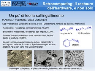 Retrocomputing: il restauro
                                                 dell'hardware, e non solo
       Un po' di teoria sull'ingiallimento
PLASTICA = POLIMERO, fatto di MONOMERI.
ABS=Acrilonitrile Butadiene Stirene, e' un TERpolimero, formato da questi 3 monomeri:
Acrilonitrile: Resistenza termica/chimica, 15/30%
Butadiene: Flessibilita', resistenza agli impatti, 5/30%
Stirene: Superficie bella al tatto, riduce i costi, facilita
taglio e foratura, 40/60%
Questi vengono scaldati insieme ad un catalizzatore
e si legano insieme, formando il polimero un po' a cazzo.
2 lotti di ABS non sono mai uguali tra loro!




       Motivo per cui spesso le plastiche non ingialliscono allo stesso modo tra loro...
 