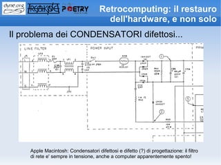 Retrocomputing: il restauro
                                        dell'hardware, e non solo
Il problema dei CONDENSATORI difettosi...




     Apple Macintosh: Condensatori difettosi e difetto (?) di progettazione: il filtro
     di rete e' sempre in tensione, anche a computer apparentemente spento!
 