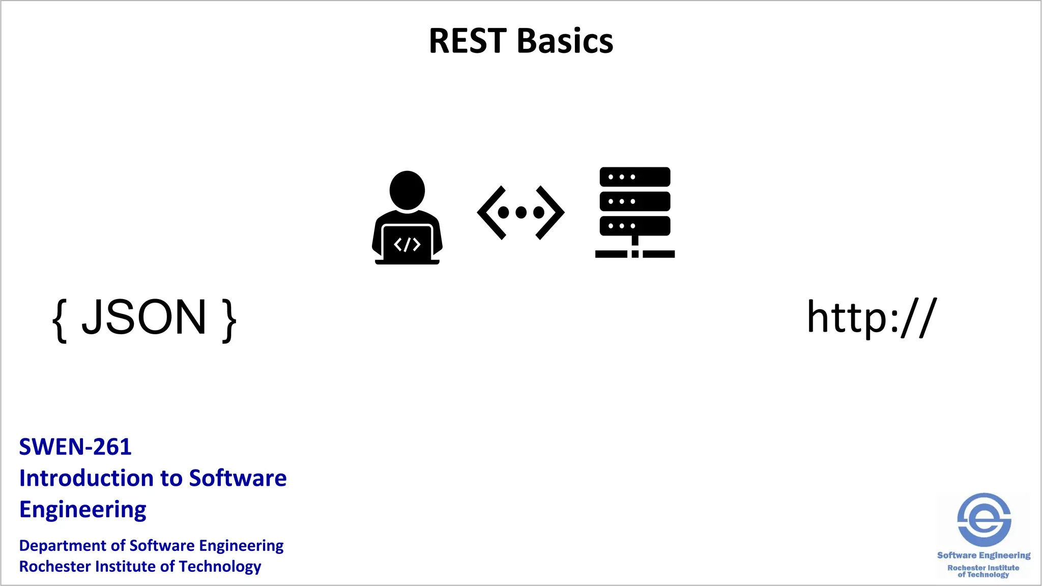 SWEN-261 Introduction to Software Engineering Department of Software Engineering Rochester Institute of Technology REST Basics { JSON } http:// 