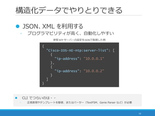 構造化データでやりとりできる
13
 JSON、XML を利用する
◦ プログラマビリティが高く、自動化しやすい
 CLI でつらいのは・・
◦ 正規表現やテンプレートを駆使、またはパーサー（TextFSM、Genie Parser など）が必要
{
"Cisco-IOS-XE-ntp:server-list": [
{
"ip-address": "10.0.0.1"
},
{
"ip-address": "10.0.0.2"
}
]
}
参照 NTP サーバーの設定をJSONで取得した例
 