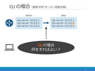 CLI の場合（参照 NTP サーバー変更の例）
17
ntp server 10.0.0.1
ntp server 10.0.0.8
ntp server 10.0.0.9
ntp server 10.0.0.1
ntp server 10.0.0.2
ntp server 10.0.0.3
Before After
CLI の場合
何をすればよい？
 