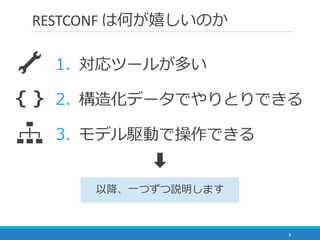 9
RESTCONF は何が嬉しいのか
1. 対応ツールが多い
2. 構造化データでやりとりできる
3. モデル駆動で操作できる
以降、一つずつ説明します
{ }
 