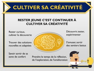 CULTIVER SA CRÉATIVITÉ
RESTER JEUNE C’EST CONTINUER À
CULTIVER SA CRÉATIVITÉ
Découvrir, tester,
expérimenter
S’amuser, sortir
des sentiers battus
Rester curieux,
cultiver la découverte
Trouver des solutions
nouvelles et adaptées
Savoir sortir de sa
zone de confort Prendre le temps de la réflexion,
de l’exploration, de l’amélioration
 