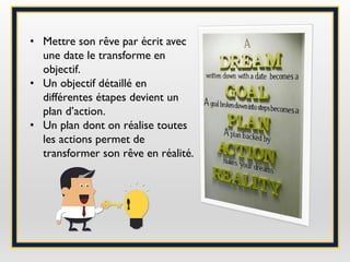 • Mettre son rêve par écrit avec
une date le transforme en
objectif.
• Un objectif détaillé en
différentes étapes devient un
plan d’action.
• Un plan dont on réalise toutes
les actions permet de
transformer son rêve en réalité.
 