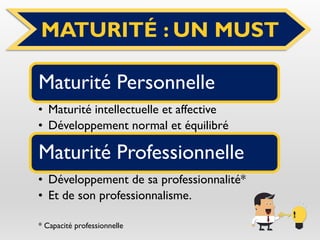 MATURITÉ : UN MUST
Maturité Personnelle
• Maturité intellectuelle et affective
• Développement normal et équilibré
Maturité Professionnelle
• Développement de sa professionnalité*
• Et de son professionnalisme.
* Capacité professionnelle
 