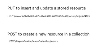 PUT to insert and update a stored resource
• PUT /accounts/4ef2d5d0-cb7e-11e0-9572-0800200c9a66/buckets/objects/4321
POST to create a new resource in a collection
• POST /leagues/seattle/teams/trebuchet/players
 