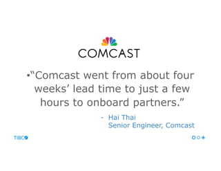 • “Comcast went from about four
weeks’ lead time to just a few
hours to onboard partners.”
-  Hai Thai
Senior Engineer, Comcast
 