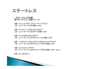 ステートレスの例
客(クライアント)、店員(サーバ)
店員: いらっしゃいませ。○○バーガーへようこそ
客: ハンバーガーセットをお願いします
店員: サイドメニューは何になさいますか?
客: ハンバーガーセットをポテトでお願いします
店員: ドリンクは何になさいますか?
客: ハンバーガーセットをポテトとコーラでお願いします
店員: +50円でドリンクをLサイズにできますがいかがですか?
客: ハンバーガーセットをポテトとコーラ(M)でお願いします
店員: 以上でよろしいですか?
客: ハンバーガーセットをポテトとコーラ(M)でお願いします。以上で
店員: かしこまりました
 
