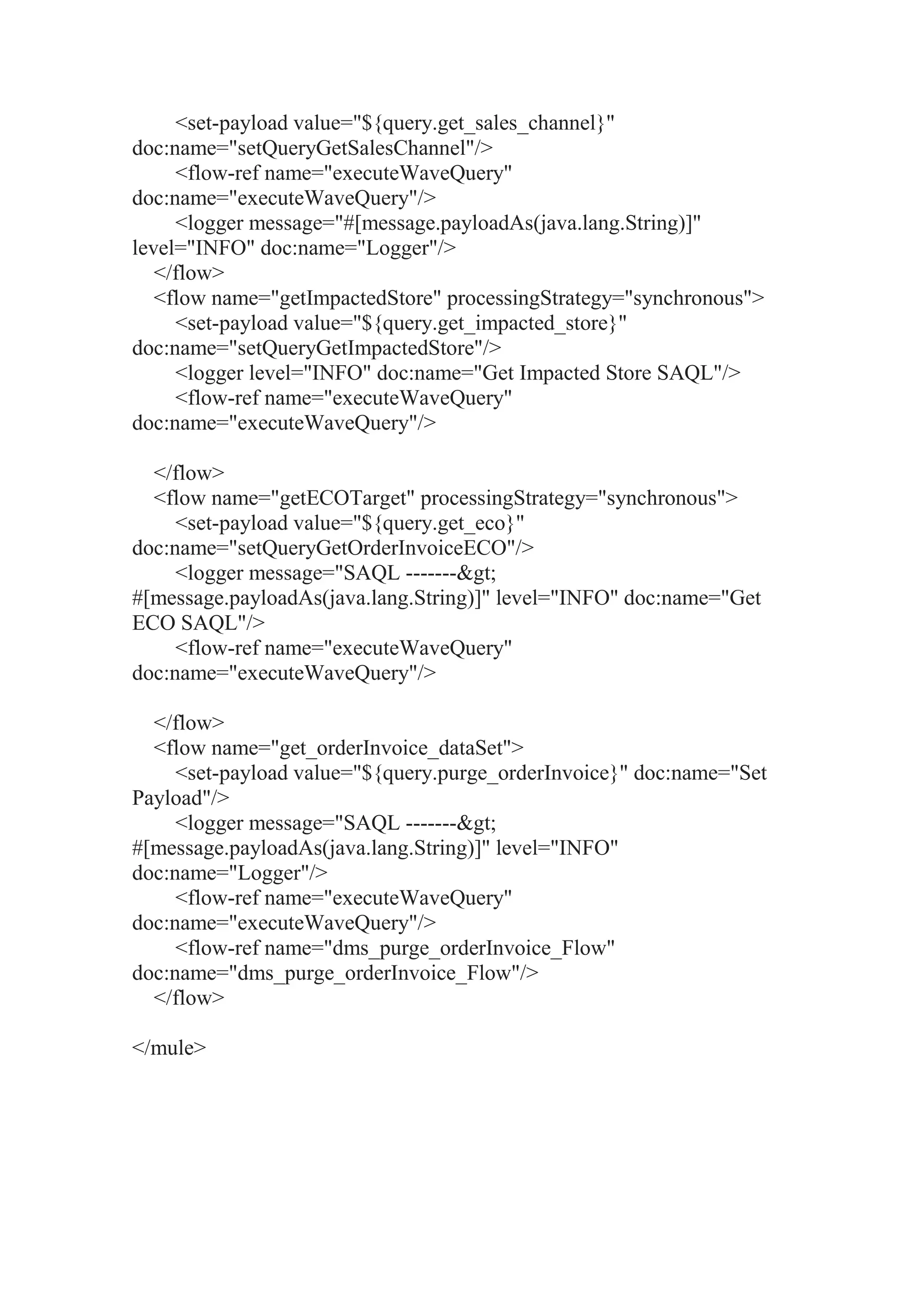 <set-payload value="${query.get_sales_channel}"
doc:name="setQueryGetSalesChannel"/>
<flow-ref name="executeWaveQuery"
doc:name="executeWaveQuery"/>
<logger message="#[message.payloadAs(java.lang.String)]"
level="INFO" doc:name="Logger"/>
</flow>
<flow name="getImpactedStore" processingStrategy="synchronous">
<set-payload value="${query.get_impacted_store}"
doc:name="setQueryGetImpactedStore"/>
<logger level="INFO" doc:name="Get Impacted Store SAQL"/>
<flow-ref name="executeWaveQuery"
doc:name="executeWaveQuery"/>
</flow>
<flow name="getECOTarget" processingStrategy="synchronous">
<set-payload value="${query.get_eco}"
doc:name="setQueryGetOrderInvoiceECO"/>
<logger message="SAQL ------->
#[message.payloadAs(java.lang.String)]" level="INFO" doc:name="Get
ECO SAQL"/>
<flow-ref name="executeWaveQuery"
doc:name="executeWaveQuery"/>
</flow>
<flow name="get_orderInvoice_dataSet">
<set-payload value="${query.purge_orderInvoice}" doc:name="Set
Payload"/>
<logger message="SAQL ------->
#[message.payloadAs(java.lang.String)]" level="INFO"
doc:name="Logger"/>
<flow-ref name="executeWaveQuery"
doc:name="executeWaveQuery"/>
<flow-ref name="dms_purge_orderInvoice_Flow"
doc:name="dms_purge_orderInvoice_Flow"/>
</flow>
</mule>
 