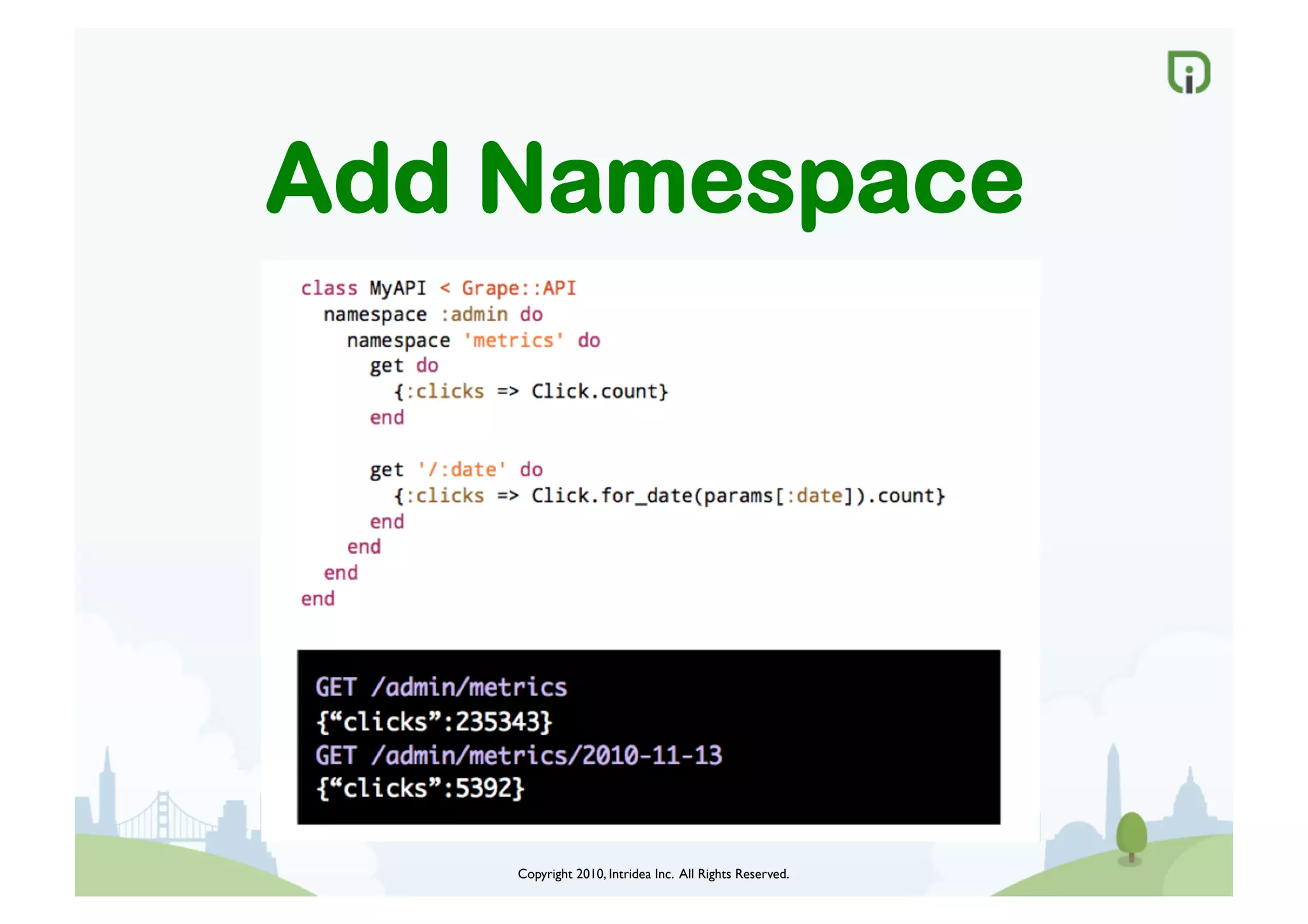 Copyright 2010, Intridea Inc. All Rights Reserved.	

Add Namespace
 