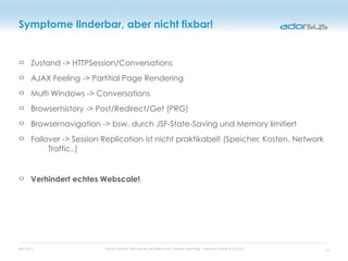 05/16/12 Cloud Centric Thin-Server-Architecture / Sandro Sonntag - adorsys GmbH & Co KG
Symptome linderbar, aber nicht fixbar!
Zustand -> HTTPSession/Conversations
AJAX Feeling -> Partitial Page Rendering
Multi Windows -> Conversations
Browserhistory -> Post/Redirect/Get (PRG)
Browsernavigation -> bsw. durch JSF-State-Saving und Memory limitiert
Failover -> Session Replication ist nicht praktikabel! (Speicher, Kosten, Network
Traffic..)
Verhindert echtes Webscale!
10
 