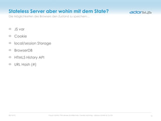 05/16/12 Cloud Centric Thin-Server-Architecture / Sandro Sonntag - adorsys GmbH & Co KG
Die Möglichkeiten des Browsers den Zustand zu speichern...
Stateless Server aber wohin mit dem State?
JS var
Cookie
local/session Storage
BrowserDB
HTML5 History API
URL Hash (#)
15
 