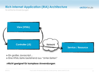 05/16/12 Cloud Centric Thin-Server-Architecture / Sandro Sonntag - adorsys GmbH & Co KG
für einfache Anwendungen
Rich Internet Application (RIA) Architecture
View (HTML)
Controller (JS)
Service / Resource
Network
‣ Ein großes Javascript...
‣ Eine HTML-Seite bestehend aus “Unter-Seiten”
‣Nicht geeignet für komplexe Anwendungen
21
 