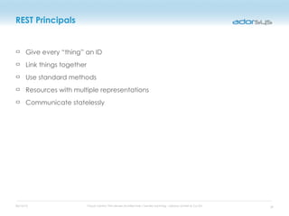 05/16/12 Cloud Centric Thin-Server-Architecture / Sandro Sonntag - adorsys GmbH & Co KG
REST Principals
Give every “thing” an ID
Link things together
Use standard methods
Resources with multiple representations
Communicate statelessly
29
 