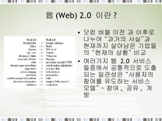 웹 (Web) 2.0  이란 ? 닷컴 버블 이전 과 이후로 나누어 “과거의 사실”과 현재까지 살아남은 기업들의 “현재의 상황” 비교 여러가지 웹  2.0  서비스들중에서 공통적으로 도출 되는 일관성은 “사용자의 참여를 유도하는 서비스 모델” – 참여 ,  공유 ,  개방 