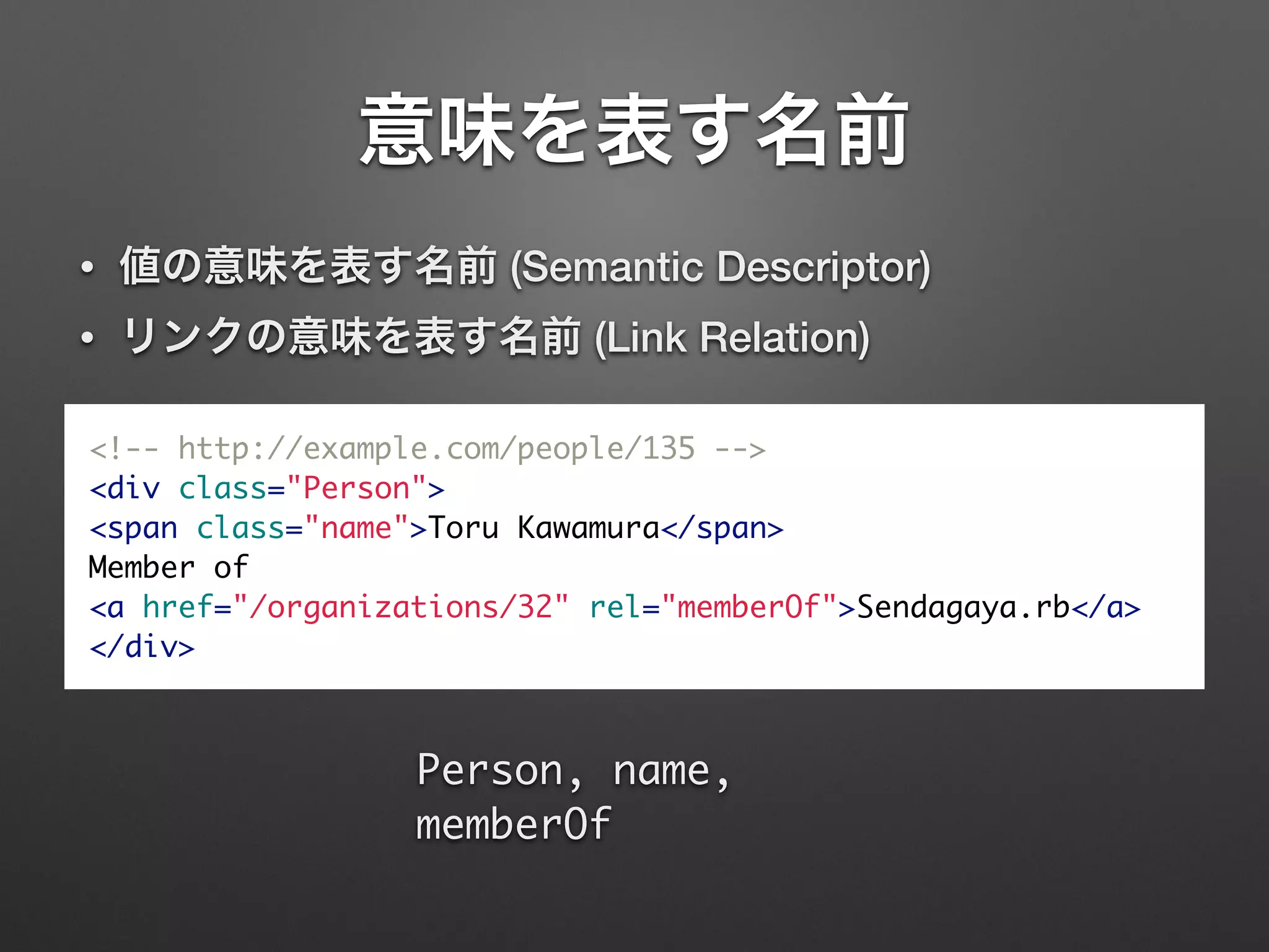 意味を表す名前
• 値の意味を表す名前 (Semantic Descriptor)
• リンクの意味を表す名前 (Link Relation)
Person, name,  
memberOf
<!-- http://example.com/people/135 -->	
<div class="Person">	
<span class="name">Toru Kawamura</span>	
Member of  
<a href="/organizations/32" rel="memberOf">Sendagaya.rb</a>	
</div>
 
