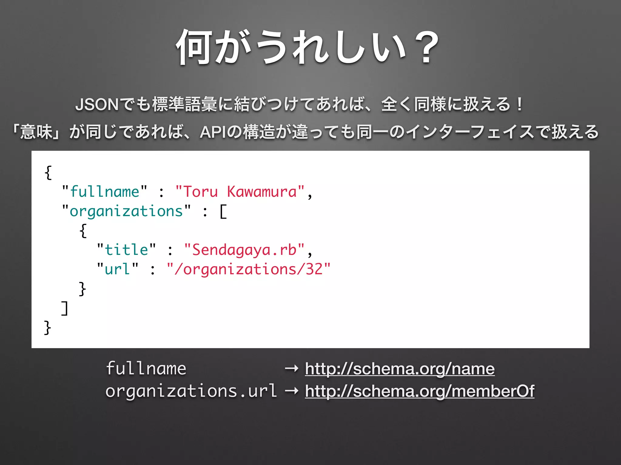 何がうれしい？
{	
"fullname" : "Toru Kawamura",	
"organizations" : [	
{	
"title" : "Sendagaya.rb",	
"url" : "/organizations/32"	
}	
]	
}
fullname → http://schema.org/name 
organizations.url → http://schema.org/memberOf
JSONでも標準語彙に結びつけてあれば、全く同様に扱える！
「意味」が同じであれば、APIの構造が違っても同一のインターフェイスで扱える
 