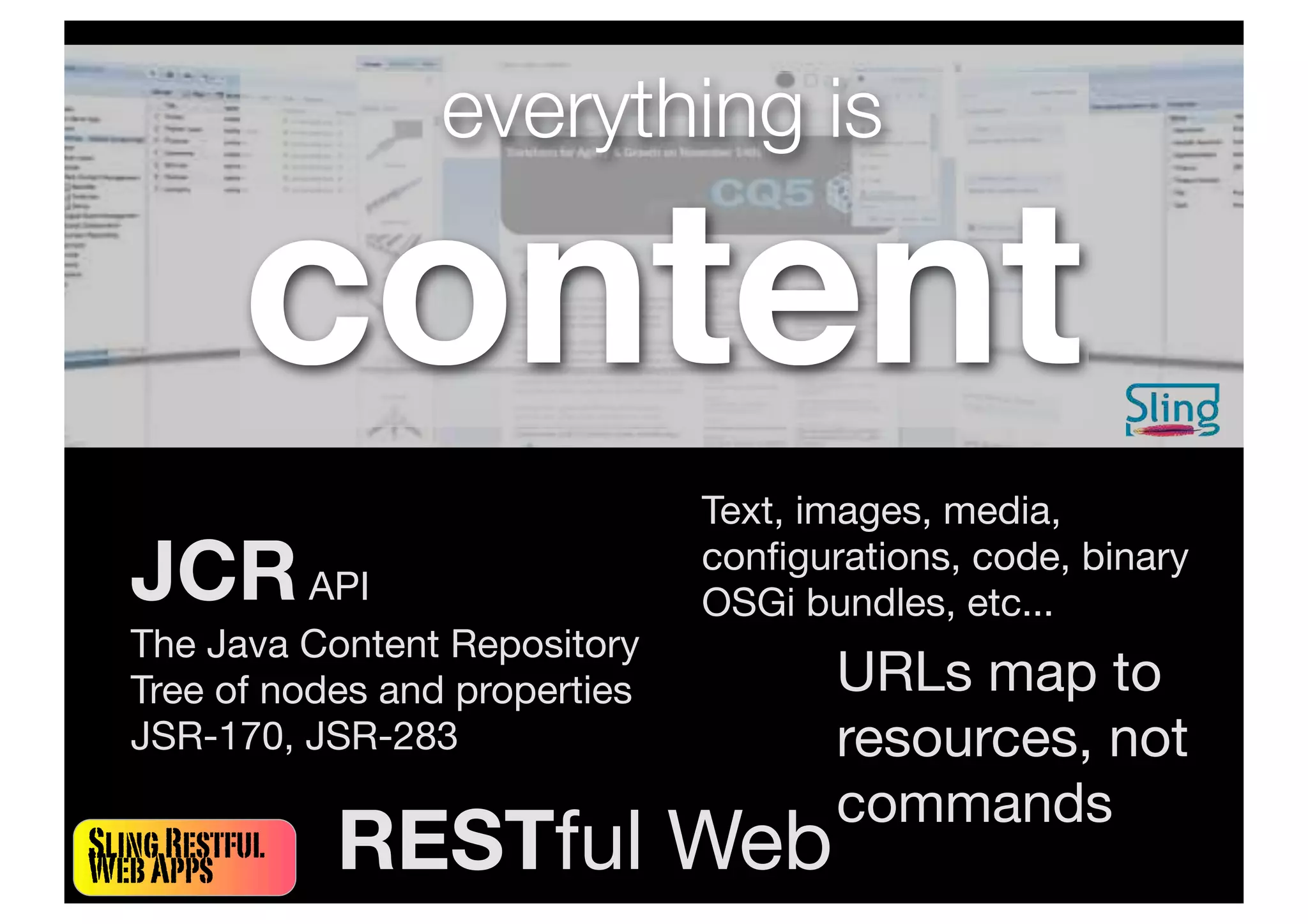 SlingRestful
WebApps
everything is
content
JCRAPI
The Java Content Repository
Tree of nodes and properties
JSR-170, JSR-283
URLs map to
resources, not
commands
Text, images, media,
conﬁgurations, code, binary
OSGi bundles, etc...
RESTful Web
 