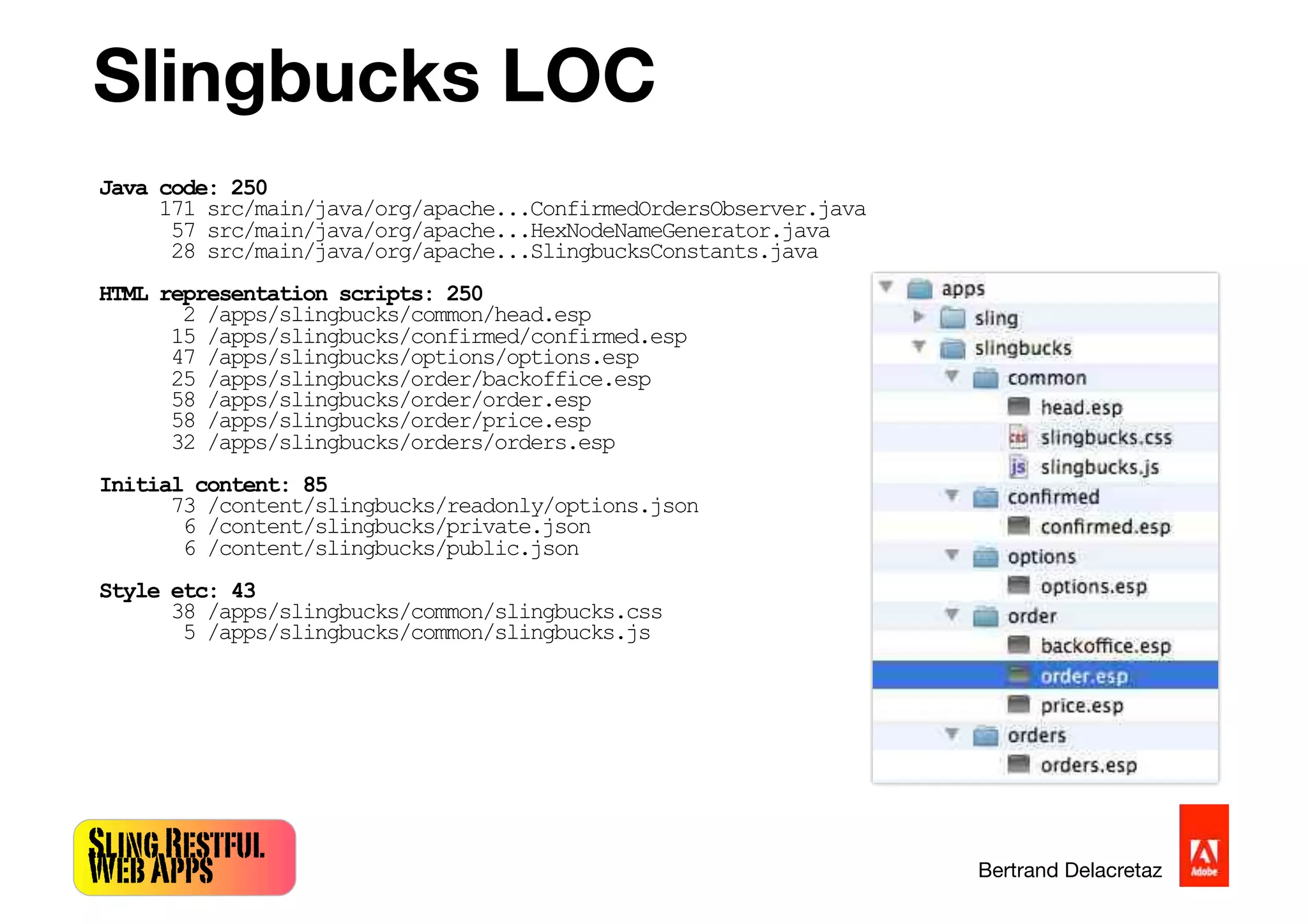 SlingRestful
WebApps Bertrand Delacretaz
Slingbucks LOC
Java code: 250
171 src/main/java/org/apache...ConfirmedOrdersObserver.java
57 src/main/java/org/apache...HexNodeNameGenerator.java
28 src/main/java/org/apache...SlingbucksConstants.java
HTML representation scripts: 250
2 /apps/slingbucks/common/head.esp
15 /apps/slingbucks/confirmed/confirmed.esp
47 /apps/slingbucks/options/options.esp
25 /apps/slingbucks/order/backoffice.esp
58 /apps/slingbucks/order/order.esp
58 /apps/slingbucks/order/price.esp
32 /apps/slingbucks/orders/orders.esp
Initial content: 85
73 /content/slingbucks/readonly/options.json
6 /content/slingbucks/private.json
6 /content/slingbucks/public.json
Style etc: 43
38 /apps/slingbucks/common/slingbucks.css
5 /apps/slingbucks/common/slingbucks.js
 