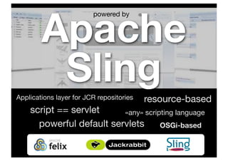 Apache
SlingApplications layer for JCR repositories
«any» scripting languagescript == servlet
OSGi-basedpowerful default s...