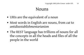 Copyright 2005 John Cowan under GPL   14


                       Nouns
●   URIs are the equivalent of a noun
●   Most wor...