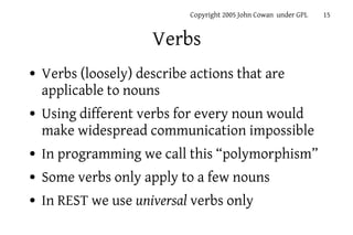 Copyright 2005 John Cowan under GPL   15


                      Verbs
●   Verbs (loosely) describe actions that are
    a...