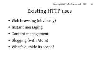Copyright 2005 John Cowan under GPL   34


             Existing HTTP uses
●   Web browsing (obviously)
●   Instant messag...