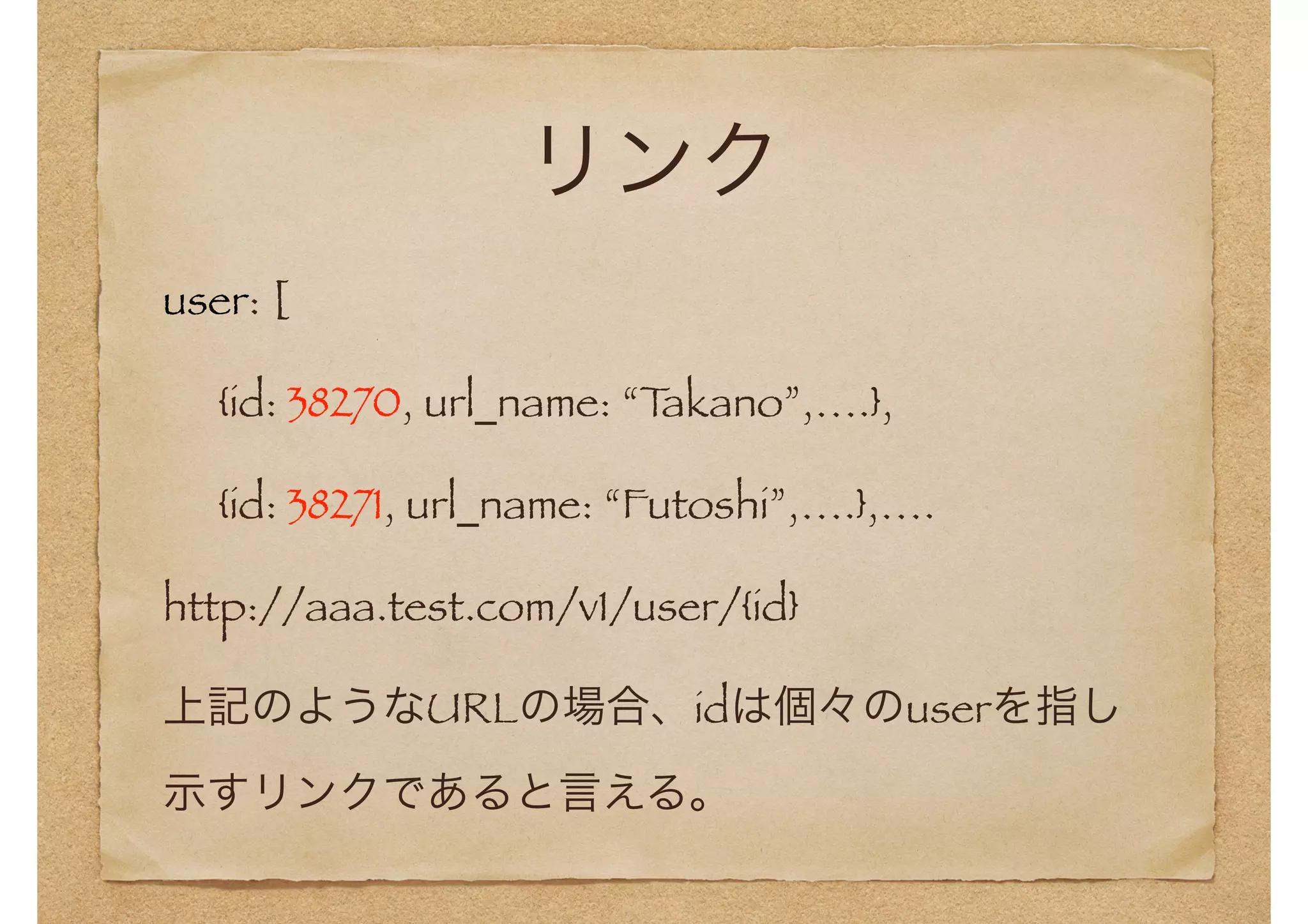 リンク 
user: [ 
{id: 38270, url_name: “Takano”,….}, 
{id: 38271, url_name: “Futoshi”,….},…. 
http://aaa.test.com/v1/user/{id} 
上記のようなURLの場合、idは個々のuserを指し 
示すリンクであると言える。 
 