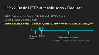 보안-2: Basic HTTP authenficiation - Request
GET /accounts/x2b4jX3l31uiL HTTP/1.1
Host: api.acme.com
Authorization: Basic QW...