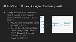 API관리 시스템 - ex) Google cloud endpoints
● Google app engine으로 Back-end를
작성 후 code에 필요한 Tag들을
붙여주면 아래의 기능들을 자동으로
붙여준다.
○ iOS...