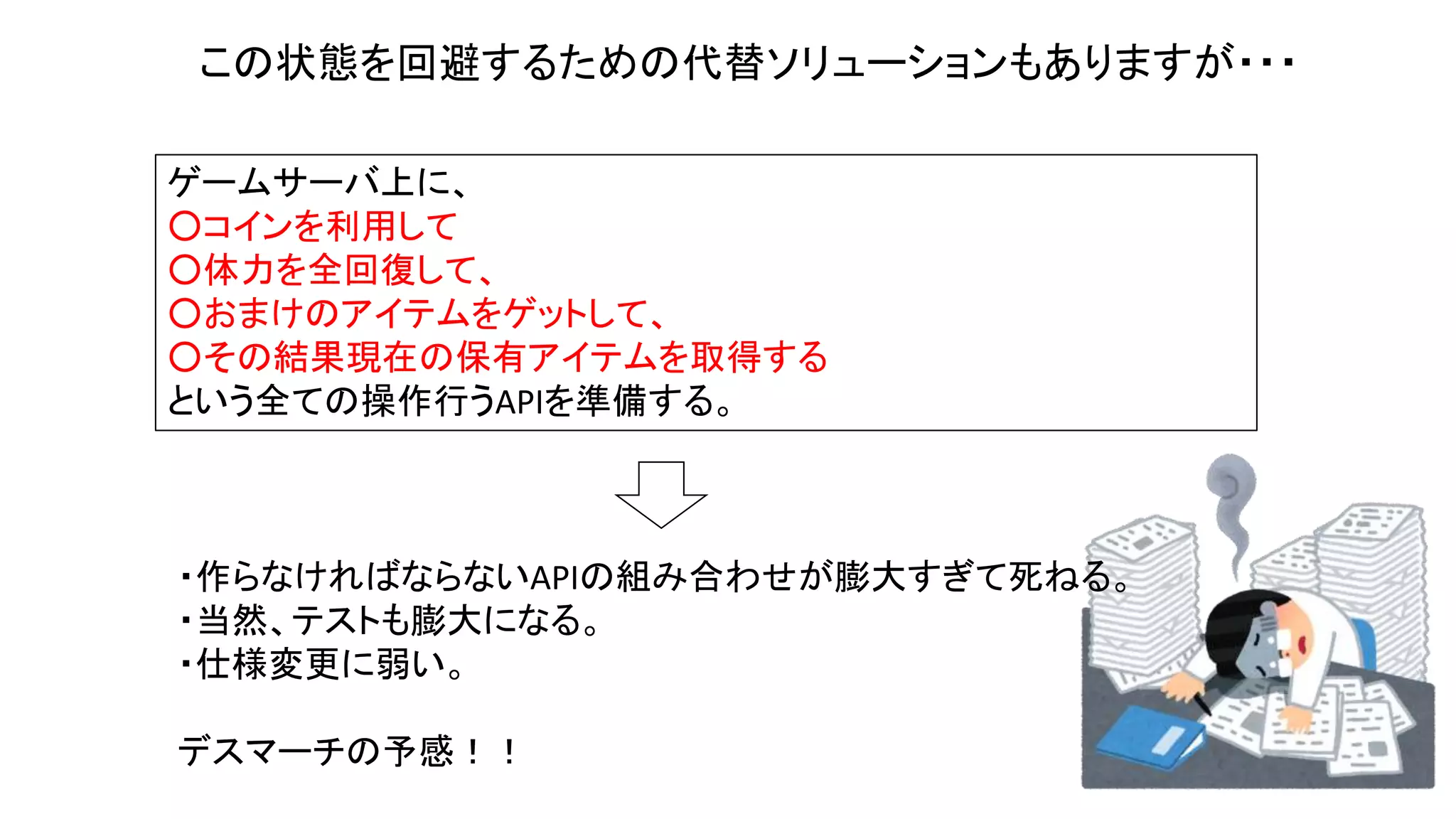 この状態を回避するための代替ソリューションもありますが・・・
ゲームサーバ上に、
○コインを利用して
○体力を全回復して、
○おまけのアイテムをゲットして、
○その結果現在の保有アイテムを取得する
という全ての操作行うAPIを準備する。
・作らなければならないAPIの組み合わせが膨大すぎて死ねる。
・当然、テストも膨大になる。
・仕様変更に弱い。
デスマーチの予感！！
 
