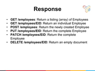 Response
• GET /employees: Return a listing (array) of Employees
• GET /employees/EID: Return an individual Employee
• POST /employees: Return the newly created Employee
• PUT /employees/EID: Return the complete Employee
• PATCH /employees/EID: Return the complete
Employee
• DELETE /employees/EID: Return an empty document
 