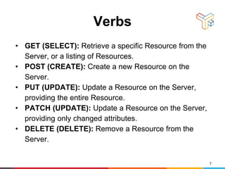 Verbs
• GET (SELECT): Retrieve a specific Resource from the
Server, or a listing of Resources.
• POST (CREATE): Create a new Resource on the
Server.
• PUT (UPDATE): Update a Resource on the Server,
providing the entire Resource.
• PATCH (UPDATE): Update a Resource on the Server,
providing only changed attributes.
• DELETE (DELETE): Remove a Resource from the
Server.
7
 