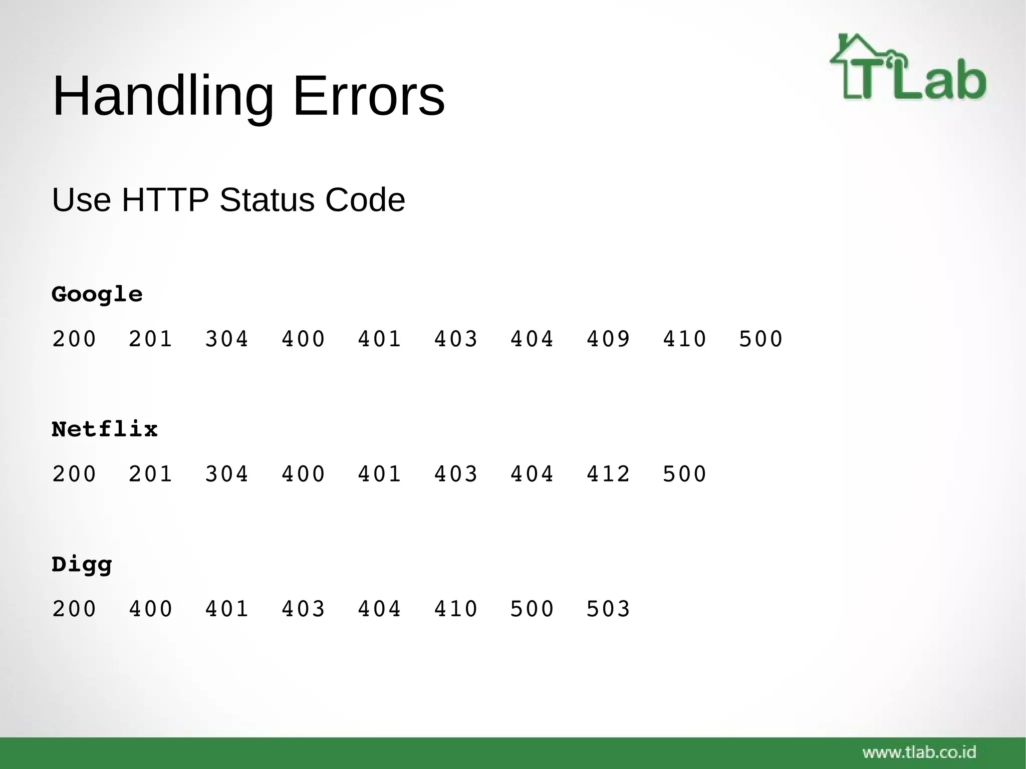 Handling Errors
Use HTTP Status Code
Google
200 201 304 400 401 403 404 409 410 500
Netflix
200 201 304 400 401 403 404 412 500
Digg
200 400 401 403 404 410 500 503
 