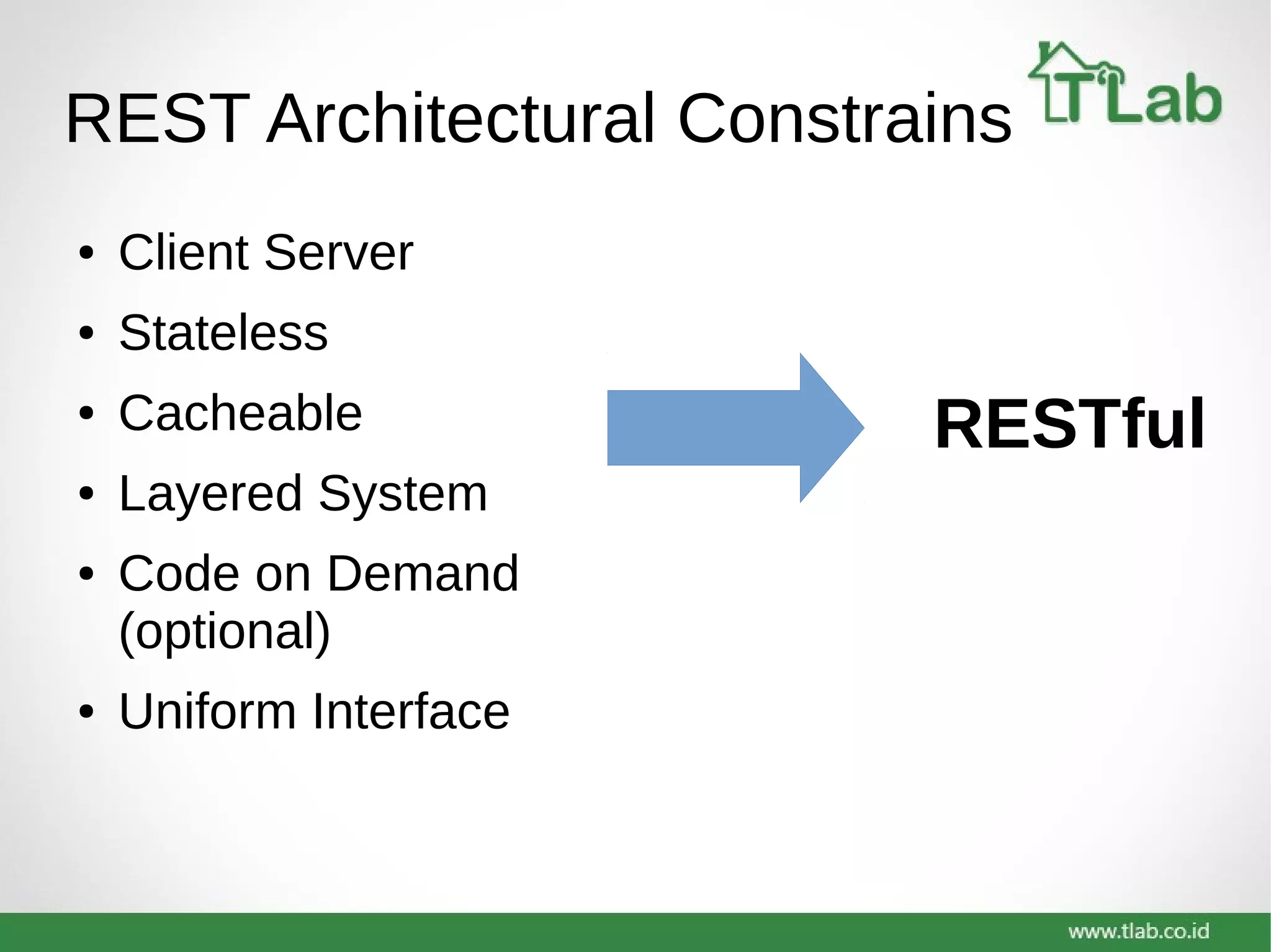 REST Architectural Constrains
● Client Server
● Stateless
● Cacheable
● Layered System
● Code on Demand
(optional)
● Uniform Interface
RESTful
 