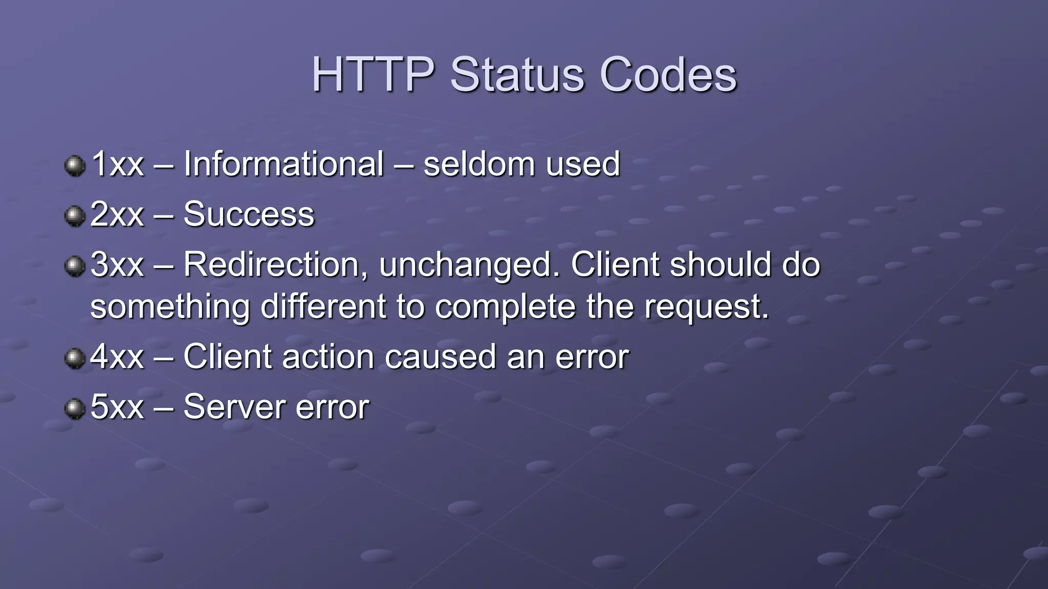 HTTP Status Codes
1xx – Informational – seldom used
2xx – Success
3xx – Redirection, unchanged. Client should do
something different to complete the request.
4xx – Client action caused an error
5xx – Server error
 