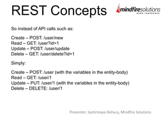 REST Concepts
So instead of API calls such as:
Create – POST: /user/new
Read – GET: /user?id=1
Update – POST: /user/update
Delete – GET: /user/delete?id=1
Simply:
Create – POST: /user (with the variables in the entity-body)
Read – GET: /user/1
Update – PUT: /user/1 (with the variables in the entity-body)
Delete – DELETE: /user/1
Presenter: Jyotirmaya Dehury, Mindfire Solutions
 