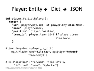 http://documents.morlok.net/devfest-2015
Player:	Entity	è Dict è JSON	
def player_to_dict(player):
return {
'id': player.key.id() if player.key else None,
'name': player.name,
'position': player.position,
'team_id': player.team.id() if player.team
else None
}
# json.dumps(main.player_to_dict(
main.Player(name="Kyle Rau", position="Forward",
team=t.key)))
# => {"position": "Forward", "team_id": 1,
"id": null, "name": "Kyle Rau"}
 