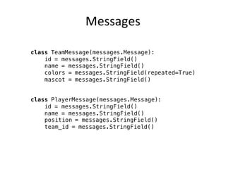 Messages
class TeamMessage(messages.Message):
id = messages.StringField()
name = messages.StringField()
colors = messages.StringField(repeated=True)
mascot = messages.StringField()
class PlayerMessage(messages.Message):
id = messages.StringField()
name = messages.StringField()
position = messages.StringField()
team_id = messages.StringField()
 