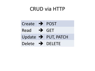 CRUD	via	HTTP
Create è POST
Read è GET
Update è PUT,	PATCH
Delete è DELETE
 